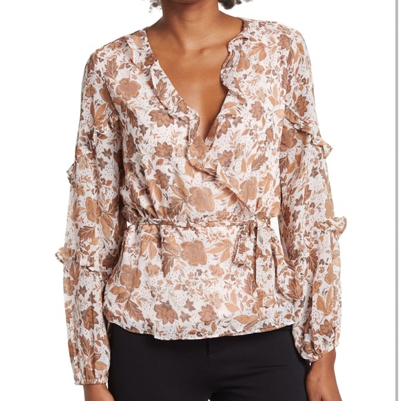 CeCe Tops - CeCe Women’s Blouse Wrap waist ruffles vneck & long sleeves cream rustic…